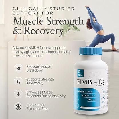 HMB and Vitamin D3 Supplement, 1,500mg Patented Formula with Clinical Dose, Preserve Lean Muscle with Ageless Performance, Beta-Hydroxy Beta-Methylbutyrate Capsules, 120 Count