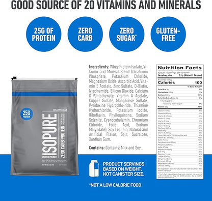 Isopure Zero Carb 100% Pure Whey Isolate Protein Powder, Gluten Free, With Vitamins, Creamy Vanilla, 25g Protein Per Serving, 7.5 Lbs, 110 Servings (Packaging May Vary)