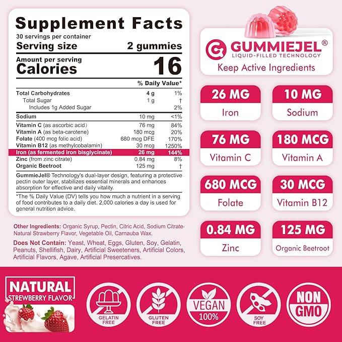 Iron Gummies for Women & Men, Iron Bisglycinate Gummies 26mg, Plus Vitamin C, Folate, Beet Root, B12 & Zinc,High Absorption Iron Supplement for Iron Deficiency, Immune & Energy Boost, Sugar-Free 60Cts