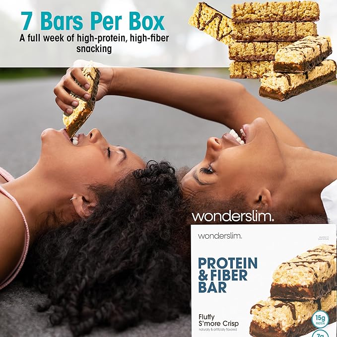 Wonderslim High Fiber Protein Bars, Fluffy S'more Crisp | 15g Protein, 8g Fiber | Low Sugar, Low Carb | Healthy Indulgence | Satisfying, Supports Energy & On-the-Go Convenience, 7 Pack