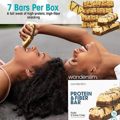 Wonderslim High Fiber Protein Bars, Fluffy S'more Crisp | 15g Protein, 8g Fiber | Low Sugar, Low Carb | Healthy Indulgence | Satisfying, Supports Energy & On-the-Go Convenience, 7 Pack
