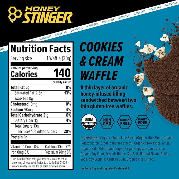 Honey Stinger Organic & Gluten Free Energy Waffle Variety Pack of 18, 12 Salted Caramel and 6 Cookies & Cream Waffles, Nutritious Stroopwafel Snack for Exercise, Endurance and Performance
