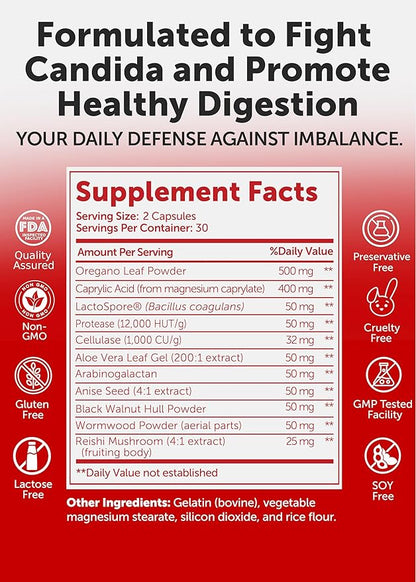 Lunakai USA Made Candida Cleanse Detox for Women & Men – 11-in-1 Gut Cleanse & Candida Support with Caprylic Acid for Daily Yeast Balance, 60ct