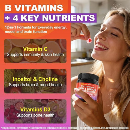 Methylated B Complex Vitamins Gummies, 12-in-1 Formula + Methyl B12 1000 mcg, 5-MTHF Methylfolate, Inositol, Choline, Vitamin C, D3, Multivitamin B Complex for Women & Men, Energy, Focus, 60cts