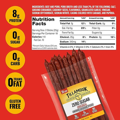 Tillamook Country Smoker Smoked Sausage, Zero Sugar, Original, 16 Ounce (36 Count Meat Sticks Bulk Pack) Real Hardwood Smoked Sausages, Low Carb, High Protein Ready to Eat Keto Snack