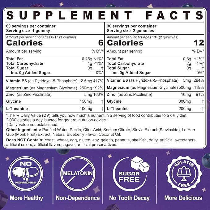 Magnesium Glycinate Gummies 500mg/250mg for Adults Kids Teens, Sugar Free Magnesium Calm Sleep Aid, Kids Sleep Gummies with L-Theanine Glycine B6 for Sleep, Calm, Muscle,Relax Brain,No Melatonin,2Pack