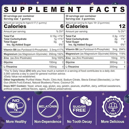 Magnesium Glycinate Gummies for Kids 6+ & Adults, Kids Magnesium Sleep Aid Gummies 500mg/250mg with L Theanine, B6, Glycine, Zinc for Sleep, Calm, Relax Brain, Muscle, Melotonin Free, Sugar Free, 60Ct