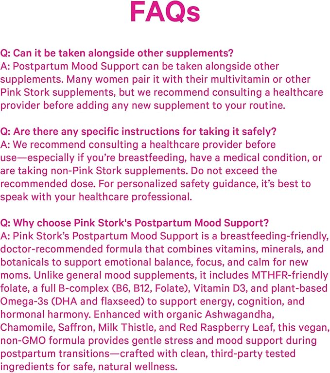 Pink Stork Postpartum Mood Support - Postnatal Hormone Balance for Women - Breastfeeding Friendly - Stress & Cognitive Support, New Mom Essentials - Ashwagandha, Chamomile, & Vitamin D, 60 Capsules