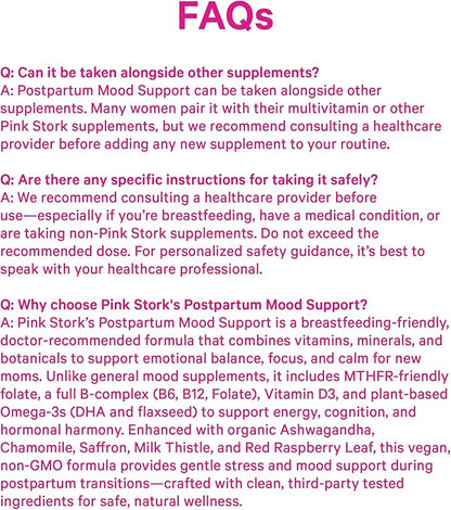 Pink Stork Postpartum Mood Support - Postnatal Hormone Balance for Women - Breastfeeding Friendly - Stress & Cognitive Support, New Mom Essentials - Ashwagandha, Chamomile, & Vitamin D, 60 Capsules