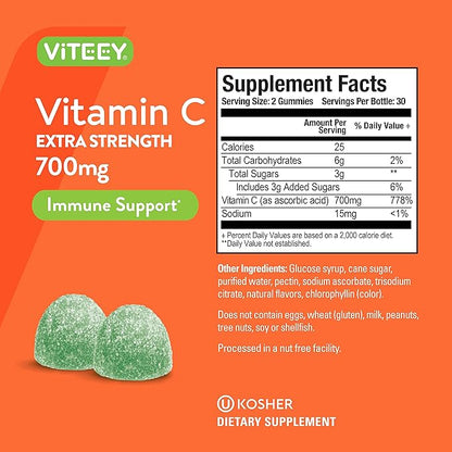 Viteey Chewable Vitamin C Gummies for Adults - 700mg Extra Strength Immune Support Supplement - Vegan, Gluten Free - 60 Count