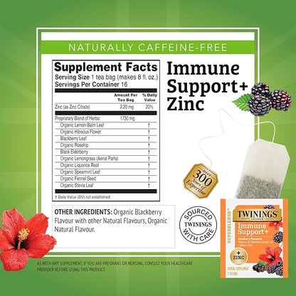 Twinings Superblends Immune Support+ Zinc Blackberry Flavoured Hibiscus & Elderberry Herbal, Naturally Caffeine-Free, 16 Count (Pack of 1), Enjoy Hot or Iced, 16 Teabags