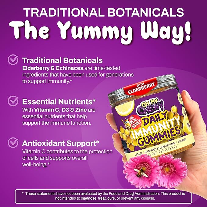 OH MY CHEWY Elderberry Gummies Immunity Support - Real Honey and Lemon Immune Supplement for Kids & Teens with Vitamin C, Echinacea, and Zinc - 60 CT