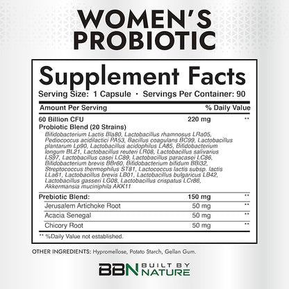 Built by Nature Probiotic for Women 60 Billion CFU – 20 Strains + Prebiotics – Vaginal & Digestive Support – Delayed Release Capsules, Shelf Stable – 3 Month Supply - 90 Capsules