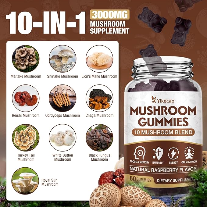 Mushroom Gummies for Adults, 10 Blend Mushroom Supplement with Lions Mane, Cordyceps, Reishi, Chaga and Turkey Tail for Focus and Energy, Raspberry Flavor, 60 Count