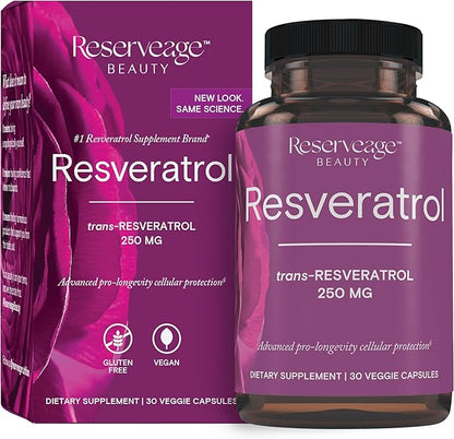 Reserveage Beauty Resveratrol 250 mg - Best Trans-Resveratrol - Vegan Antioxidant Supplement for Cellular & Heart Health - Aids Healthy Aging & Immune Health - 30 Vegetable Capsules (30 Servings)