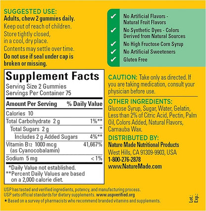 Nature Made Vitamin B12 Gummies 1000 mcg per serving, Dietary Supplement for Energy Metabolism Support, B12 Vitamins, 150 Gummy Vitamins, 75 Day Supply