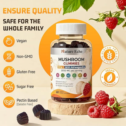 15 in 1 Mushroom Complex Gummies & Ashwagandha Gummies 3000 mg - Lions Mane, Reishi, Turkey Tail & More | Mushroom Supplement for Cognitive Function, Focus & Memory | Raspberry Gummies| Sugar-Free