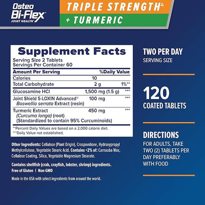 Osteo Bi-Flex Glucosamine Triple Strength Plus Turmeric Supplement with Curcumin for Joint Support and Range of Motion, 60 Day Supply, 120 Coated Tablets, Joint Health Nutritional Supplements