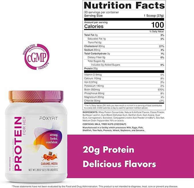 FoxyFit Protein for Her, Caramel Mocha Whey Protein Powder with CLA and Biotin for a Healthy Glow (1.85 lbs)