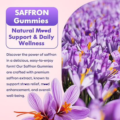 softbear Saffron Gummies for Kids & Adults, 10-in-1 Organic Saffron Supplements with 88.5mg Saffron Extract Support Calm Mind & Focus & Zzz, Sugar Free/Non-GMO, Strawberry Flavor 60 Count