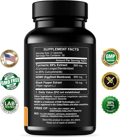 Turmeric Curcumin 95% Extract & Collagen Capsules - NEM Promotes Knee Comfort & Flexibility - Eggshell Membrane w Naturally Occurring Glucosamine Chondroitin Hyaluronic Acid- Made in USA