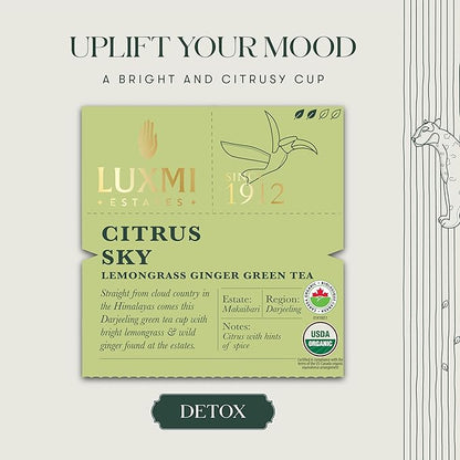 Luxmi Estates Citrus Sky Lemongrass Ginger Green Tea 200g Loose Leaf Pack | Certified Organic Darjeeling Green Tea | Citrus Flavor & Aroma | Natural Lemon Balm Tea - Calming, Supports Digestion | Lemon Grass Leaves | 100 Cups