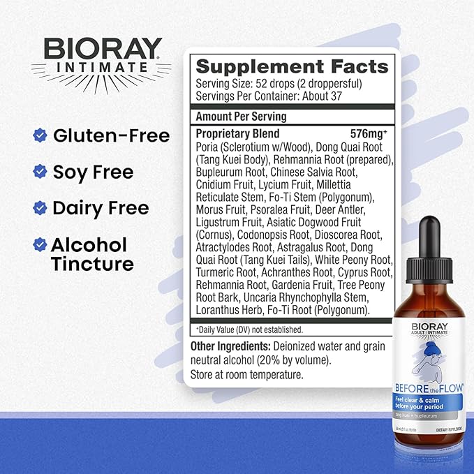 BIORAY Intimate Before The Flow - 2 fl oz - Diminishes Normal Symptoms of PMS - Non-GMO, Gluten Free