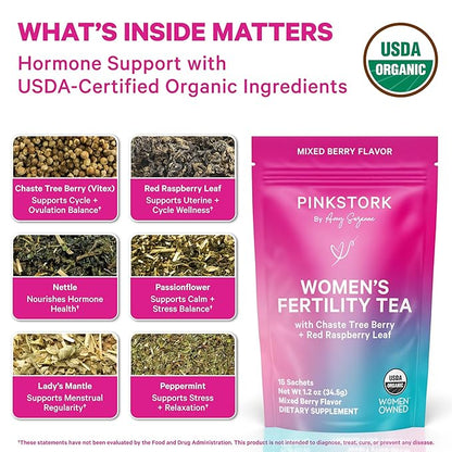 Pink Stork Organic Fertility Tea for Women | Fertility Supplements for Women with Chaste Tree Berry (Vitex) + Red Raspberry Leaf | Hormone Balance Herbal Tea for Conception Support | USDA Organic, Caffeine Free - Mixed Berry, 15 Sachets