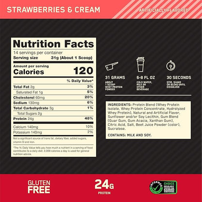 Optimum Nutrition Gold Standard 100% Whey Protein Powder, Strawberries and Cream, 1 Pound (Pack of 1)