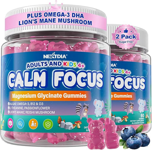 Focus Gummies for Kids & Adults, w/Magnesium Glycinate, Omega-3 DHA, Lion's Mane, L-Theanine, Methyl B12 & Vitamin D3, Brain Supplement Support Calm, Sleep, Attention, Concentration and Memory, 120Cts