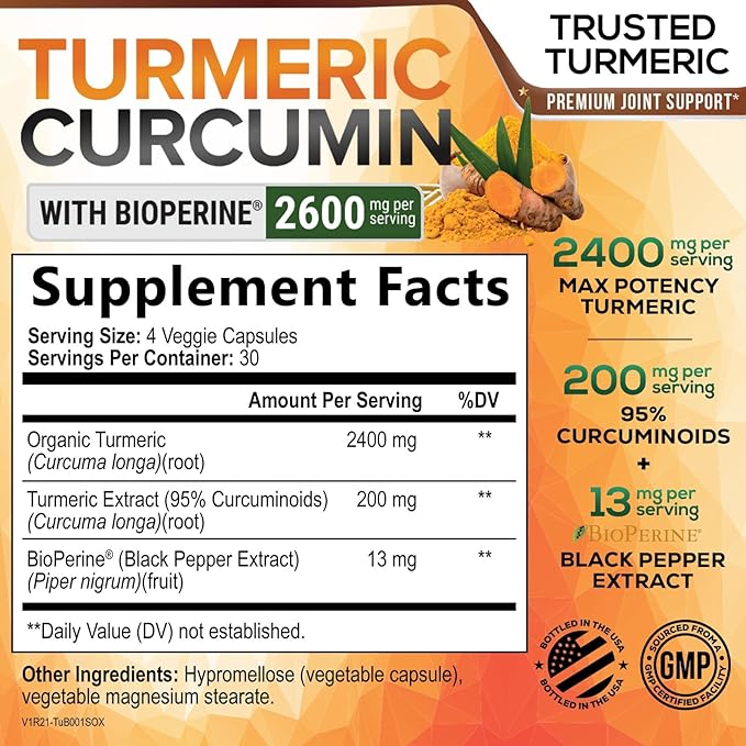 Turmeric Curcumin Supplement - 2400mg Organic Turmeric Per Serving - 95% Curcuminoids & BioPerine Black Pepper Extract for Best Absorption - Natural Vegan Joint Support, Bottled in USA - 120 Capsules