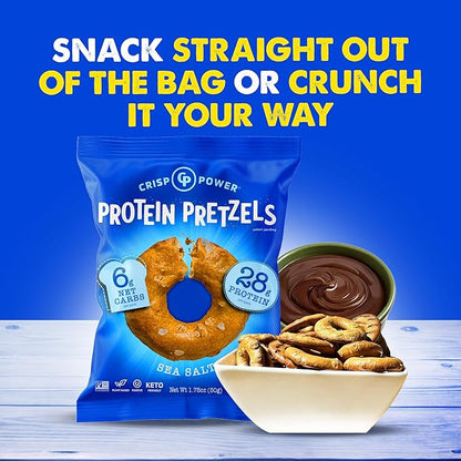 CRISP POWER Protein Pretzels, Sea Salt, 28G Protein, High Protein Snack, High Fiber, Low Carb Crunchy Pretzel Snacks, No Added Sugar, 1.75 oz Bags, 24 Pack, Vegan, Keto