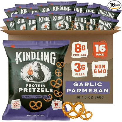 Kindling Protein Pretzels - Garlic-Parmesan | Protein-Packed Snack Size Bags | Kosher | 8-9g Protein Per Serving | No Artificial Flavors, Soy-Free | Lunches, Office Snacks, & On-the-Go | 16-Count (1.06oz Bags)