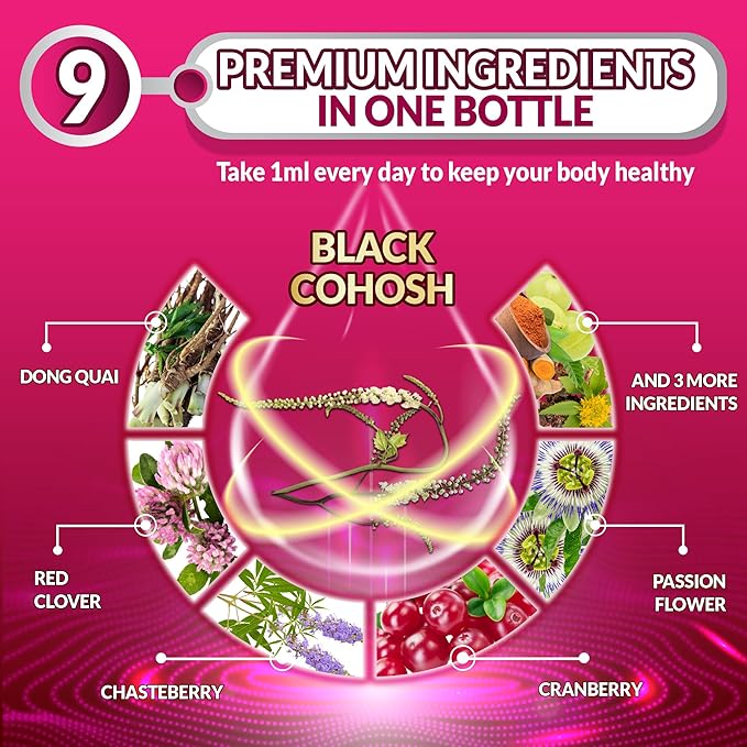9in1 Liquid Black Cohosh Supplements Women with Dong Quai, Red Clover, Chasteberry, Cranberry, Passion Flower, Turmeric, Rhodiola Rosea, and Amla - 30ml Fl Oz