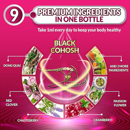 9in1 Liquid Black Cohosh Supplements Women with Dong Quai, Red Clover, Chasteberry, Cranberry, Passion Flower, Turmeric, Rhodiola Rosea, and Amla - 30ml Fl Oz