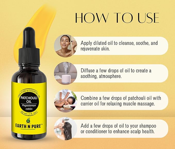 Earth N Pure Patchouli Essential Oil Natural & Therapeutic Grade for Aromatherapy, Skin & Hair Care with Glass Dropper 30 ml
