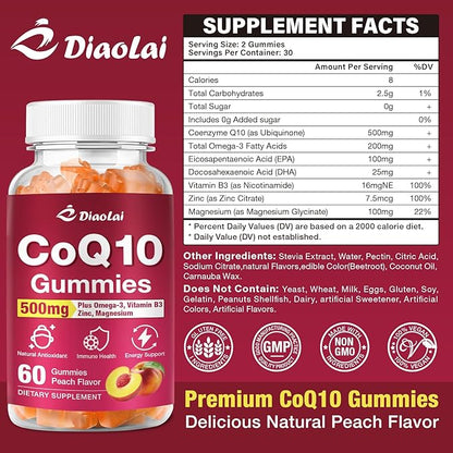 CoQ10 Gummies - 500mg per Serving with Omega-3 (EPA & DHA), B3 & Zinc - Supports Immunity & Energy - Delicious Orange Flavor - Non-GMO, Gluten-Free - 60 Count