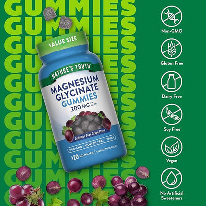 Nature's Truth Magnesium Glycinate Gummies for Adults | 200mg | 120 Count | Grape Flavor | Vegan, Non-GMO & Gluten Free Supplement