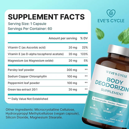 Body Deodorizing Supplement – Natural Internal Deodorant Chlorophyll Capsules with Parsley & Peppermint – 60 Vegan 500mg+ Pills – Bad Breath Treatment for Adults & Cleanse Support, Made in USA