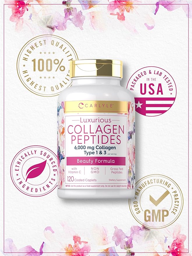 Carlyle Collagen Peptides with Vitamin C | 6000mg | 120 Caplets | Grass Fed Type II & III | Beauty Formula | Non-GMO, Gluten Free Supplement