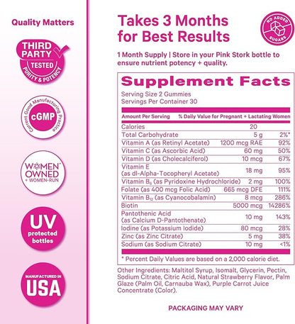 Pink Stork Postpartum Hair Loss Gummies | Biotin, Pantothenic Acid, Vitamin E, B6, B12 | Postnatal Hair Growth + Regrowth Support | Breastfeeding-Friendly | Postpartum Essentials | 60 Gummies