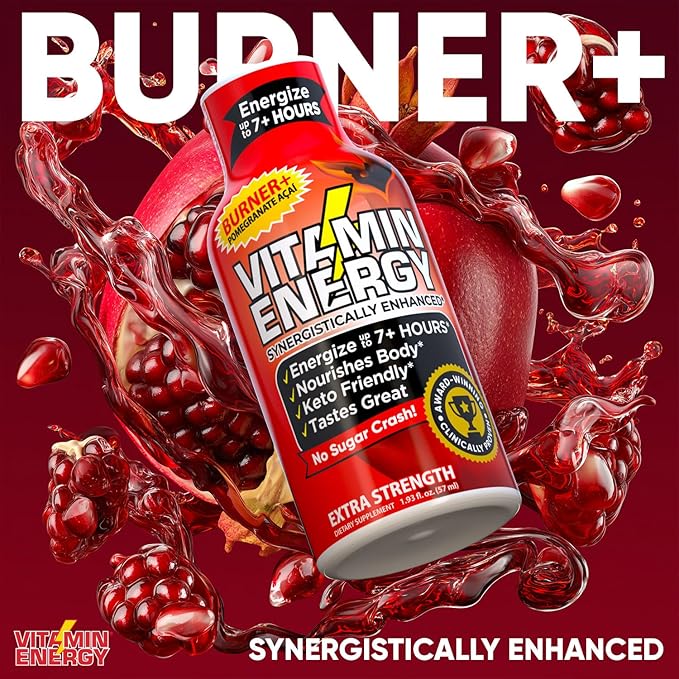 Vitamin Energy Burner+ Extra Strength Energy Shot Pomegranate Açaí 12 Pack, 260mg Natural Caffeine, 25mg Ketones, Green Tea, EGCG, Metabolism, Endurance, Zero Sugar, Gluten-Free, Vegan, 1.93 fl oz