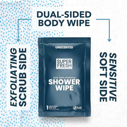 Super Fresh Shower Wipes Large Unscented Body Wipes for No Rinse Bathing Personal Hygiene Gym Travel or Camping Enriched with Aloe and Vitamin E 50 Individually Wrapped Disposable Sheets