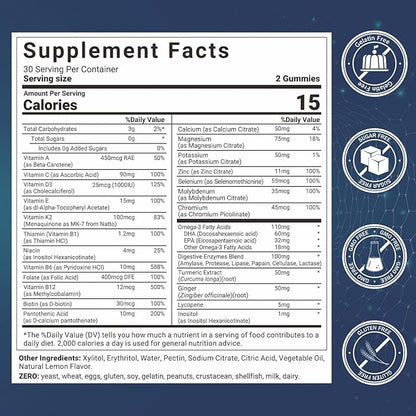 Mens Multivitamins Gummies with Vitamins A C D K E, B Complex, Omega-3, Digestive Enzymes, Lycopene, Calcium, Magnesium, Zinc - Support Brain, Muscle, Energy, Sugar Free, Vegan, 60Cts
