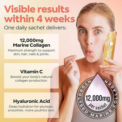 12,000mg Marine Collagen Liquid Shots| High Strength Hydrolyzed Marine Collagen Peptides w/Hyaluronic Acid & Vitamin C for Skin, Hair & Joints | Mango, 14 Daily Servings 30ml