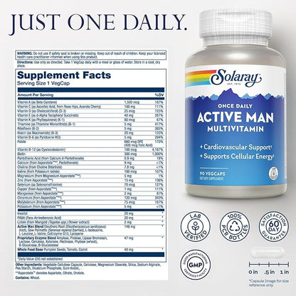 SOLARAY Once Daily Active Man Multivitamin - Cellular Energy and Immune Support Supplement w/Vitamin D, Vitamin C, B12, B6, Zinc, Lutein, Digestive Enzymes, Whole Foods, 60-Day Guarantee, 90 Servings
