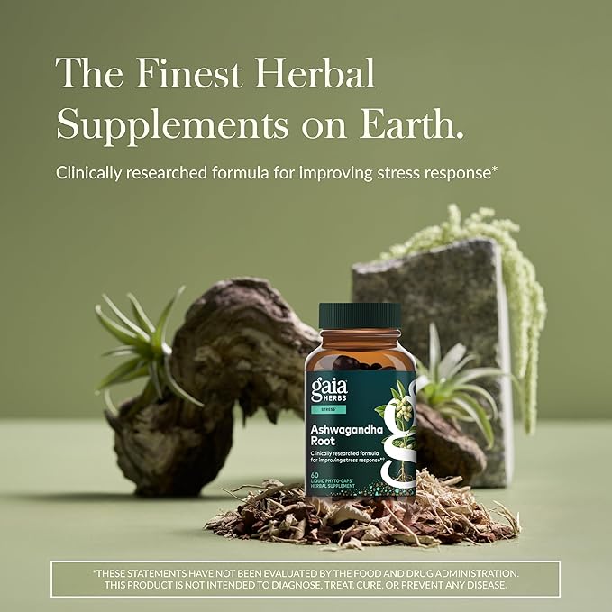 Gaia Herbs Ashwagandha Root - Stress Relief & Sleep Support Supplement - Supports Balanced Energy Levels & Positive Outlook* - 60 Vegan Liquid Phyto-Caps (30 Servings)