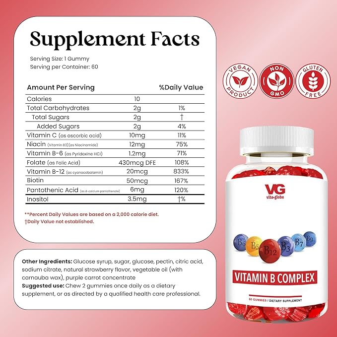 VITA GLOBE B Complex Gummy Vitamins | Vegan Non-GMO Strawberry Chewables with Vitamin C, Niacin, B6, B12 & Biotin | Supports Energy Metabolism, Heart Health & Brain Function | 120 Count (2 Pack)