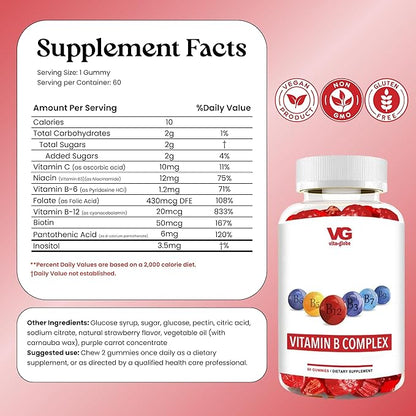 VITA GLOBE B Complex Gummy Vitamins – Strawberry Flavor with Vitamin C, Niacin, B6, B12 & Biotin | Daily Supplement for Energy, Metabolism & Cognitive Support | 60 Gummies (Pack of 1)