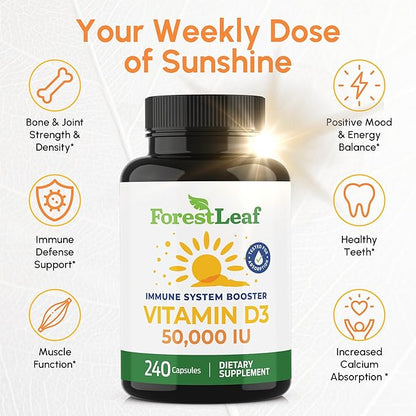 ForestLeaf Vitamin D3 50,000 IU | VIT D - VIT D3 Vitamin D Supplement for Women and Men | Bone Health, Teeth, Immune Support | Easy to Swallow Pills | High Potency WEEKLY Dose, 4-Year Supply, 240 Caps